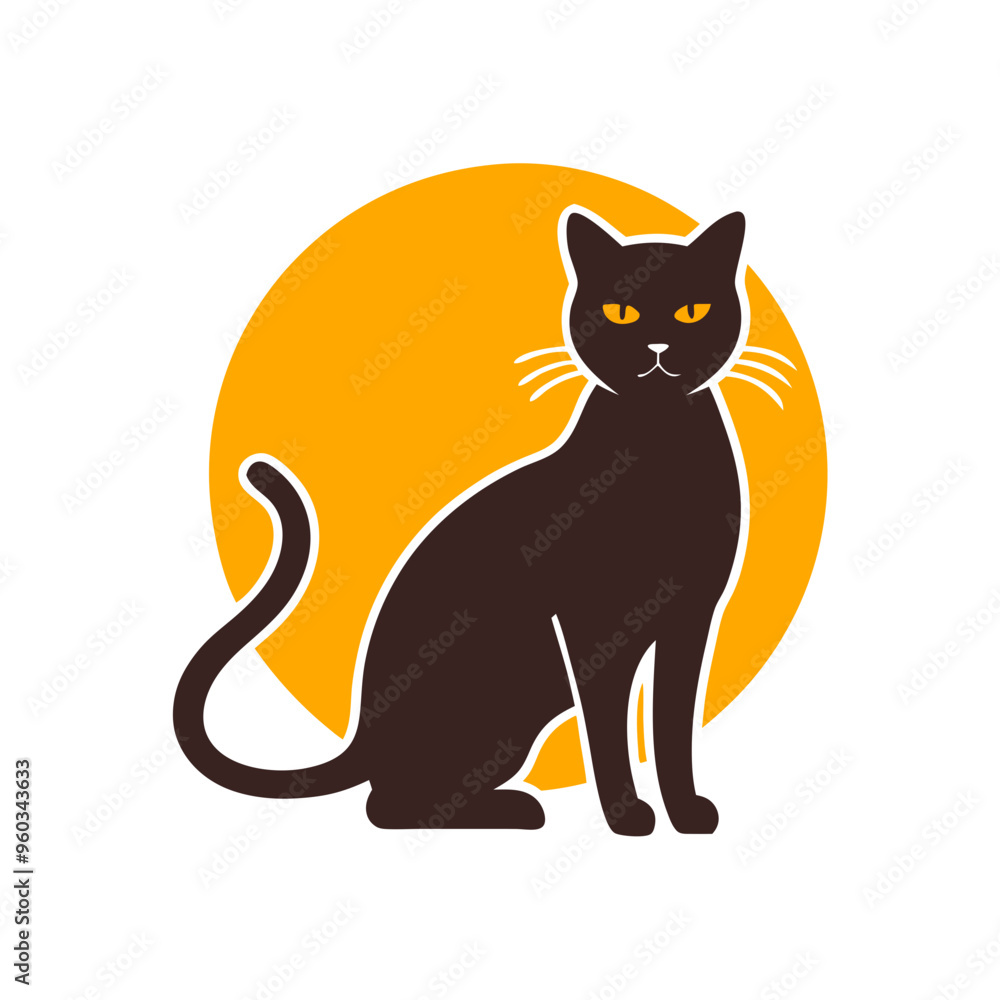 Obraz premium Black cat silhouette with orange circle, Halloween spooky cat icon