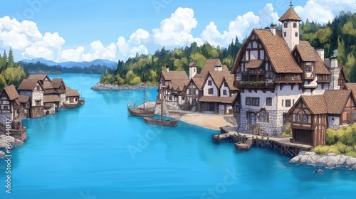 Idyllic Medieval Village by the Serene Lake