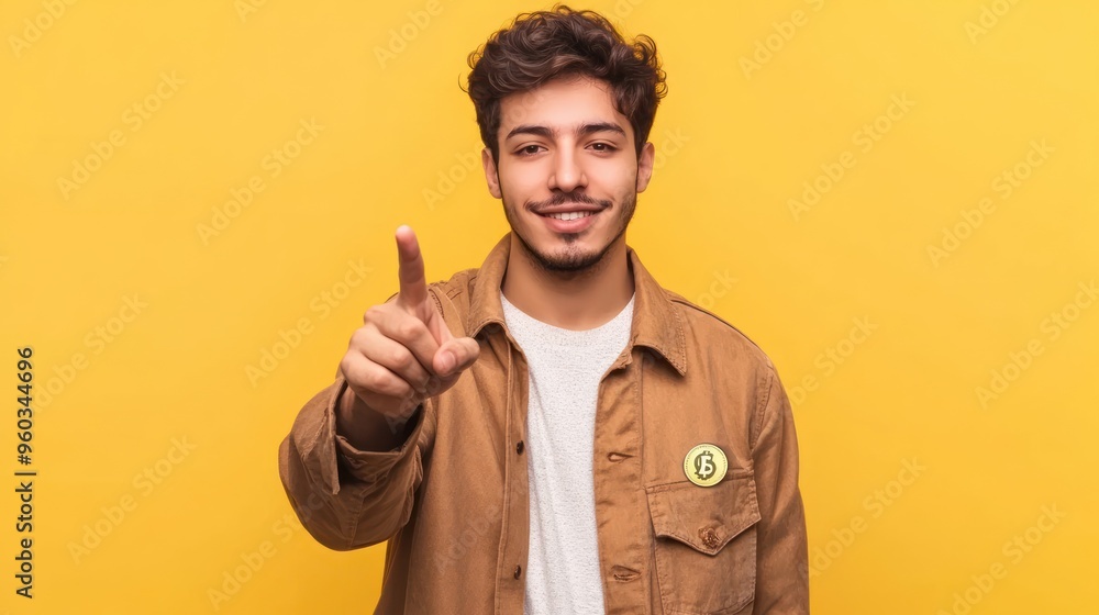 Young Hispanic man smiling and pointing upwards against a bright yellow background. Young Hispanic man smiling and pointing upwards against a bright yellow background.