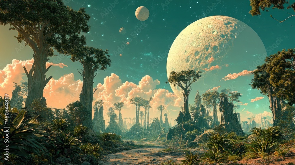 Naklejka premium A Futuristic Landscape Under a Giant Moon