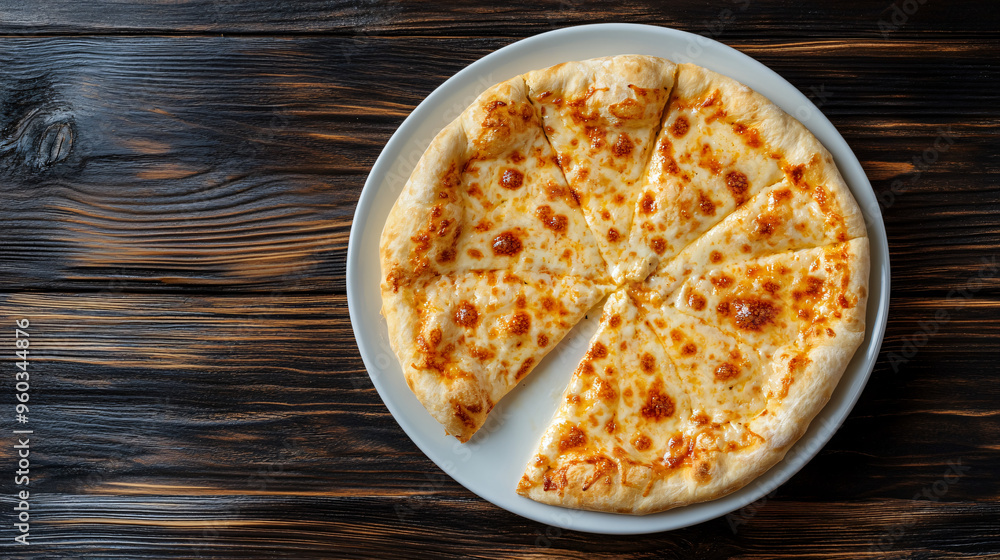 Freshly baked cheese pizza looks delicious as it sits on a white plate atop a dark wooden table Freshly baked cheese pizza looks delicious as it sits on a white plate atop a dark wooden table