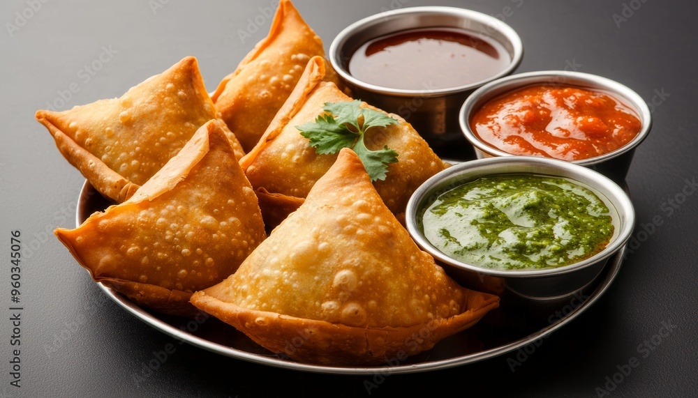A platter of Indian samosas with spicy chutneys, served in a traditional Indian restaurant A platter of Indian samosas with spicy chutneys, served in a traditional Indian restaurant