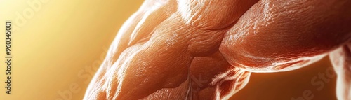 Close-up of a strong muscle showcasing power and definition under warm lighting, symbolizing strength and fitness.