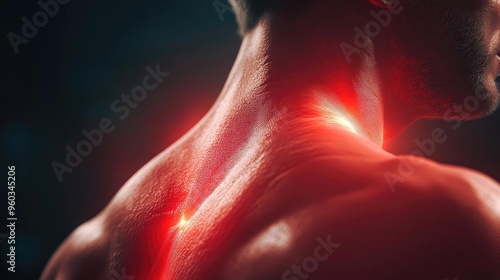 Illuminated neck area highlighting muscle tension and relief, showcasing the human body's resilience and strength.
