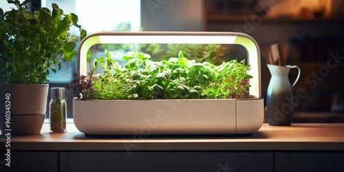 Indoor garden with grow lights and herbs. photo