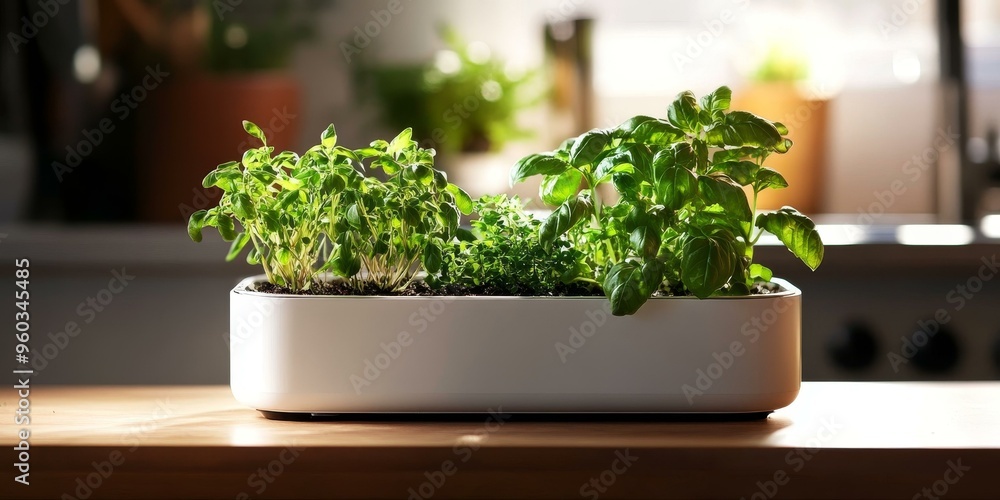 Indoor herb garden in a white planter. Indoor herb garden in a white planter.