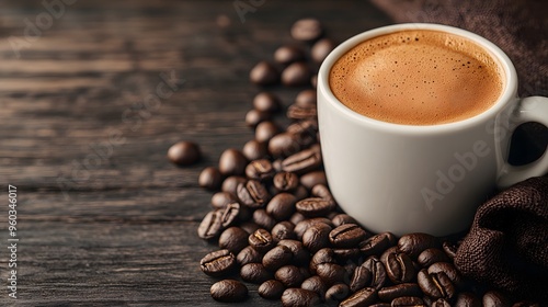 Aromatic coffee in a white cup surrounded by roasted coffee beans on a rustic wooden table, perfect for coffee lovers.