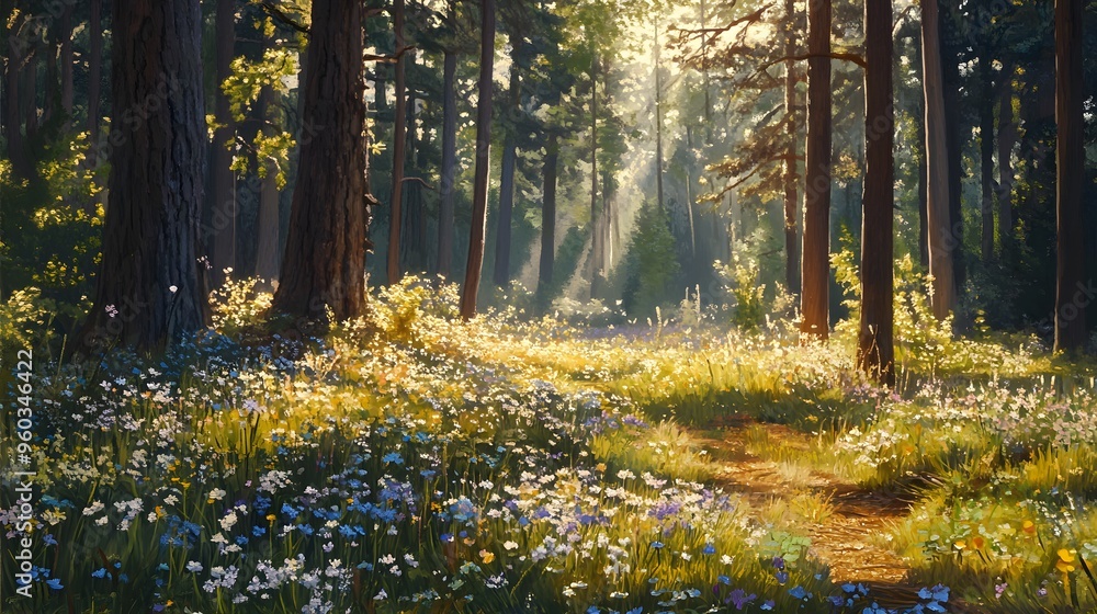 Forest floor covered in a thick layer of fallen pine needles and small wildflowers, soft morning light filtering through tall pines, subtle shadows and highlights creating depth, calm and reflective Forest floor covered in a thick layer of fallen pine needles and small wildflowers, soft morning light filtering through tall pines, subtle shadows and highlights creating depth, calm and reflective