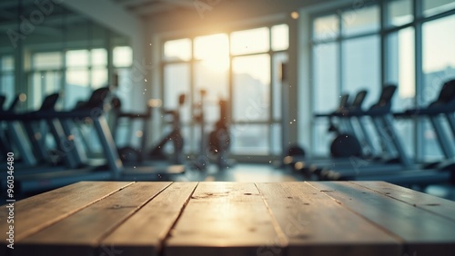 Wallpaper Mural Bright Gym Interior with Treadmills and Resting Bench, Modern gym interior bathed in natural light from large windows. Features a row of treadmills and a wooden bench providing a designated resting. Torontodigital.ca