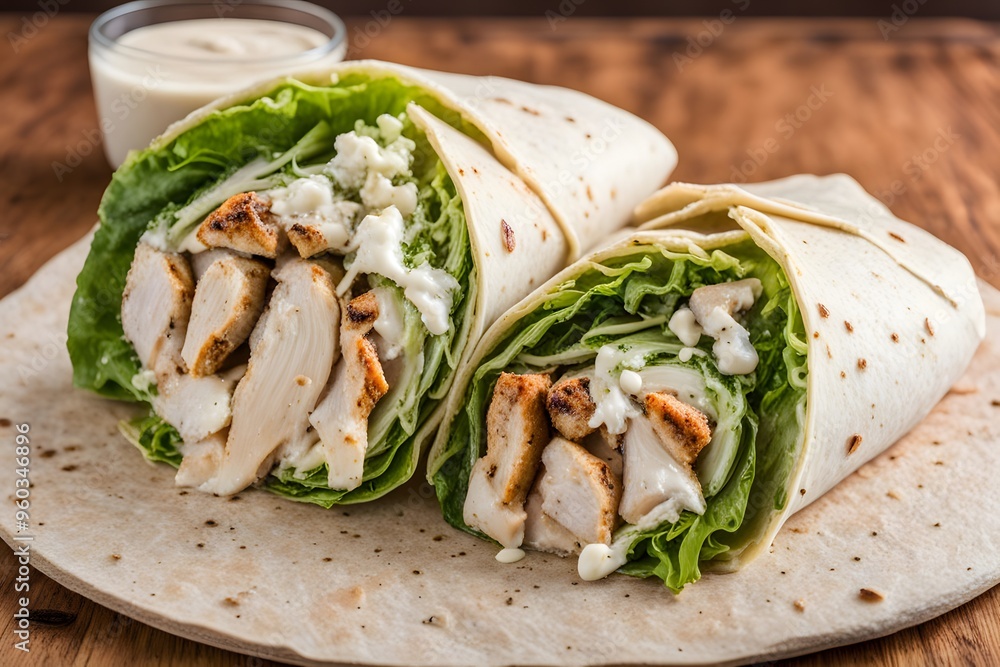 Chicken caesar wrap with grilled chicken romaine lettuce caesar dressing and parmesan cheese, Ai Generated Chicken caesar wrap with grilled chicken romaine lettuce caesar dressing and parmesan cheese, Ai Generated