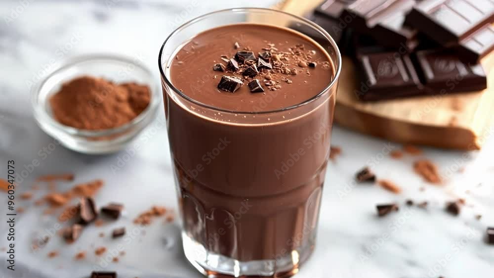 Glass of chocolate protein shake is topped with chocolate shavings and sits on a marble countertop with cocoa powder and a bar of chocolate nearby Glass of chocolate protein shake is topped with chocolate shavings and sits on a marble countertop with cocoa powder and a bar of chocolate nearby