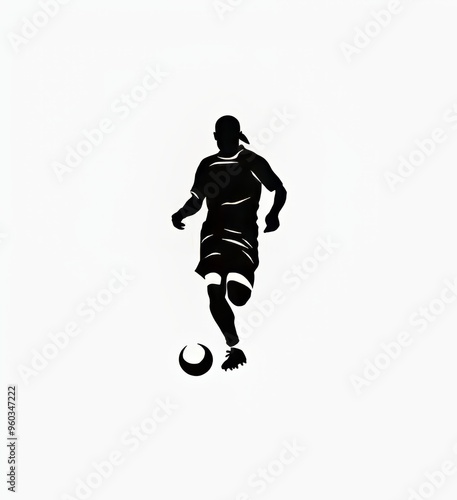 Silhouette of a male soccer player in motion, dribbling a ball.