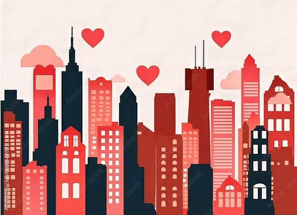 Fototapeta premium Stylized city skyline with hearts, symbolizing love and romance.