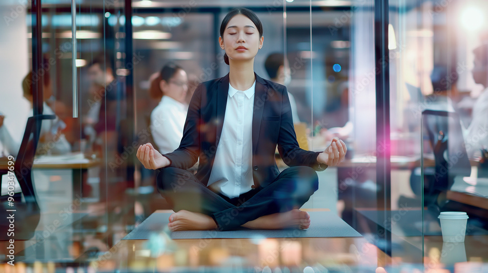 Fototapeta premium Young Asian woman meditating in lotus position in a modern office environment.