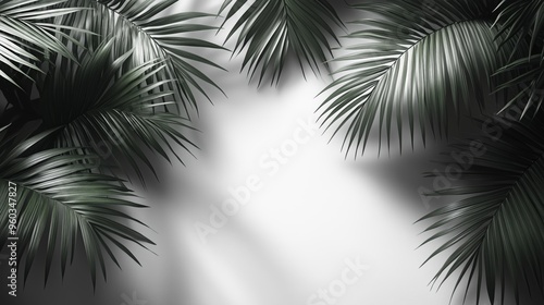 Light gray palm leaves on white background with space for text.