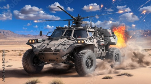 Intense Military Armored Vehicle in Desert Combat Scene photo