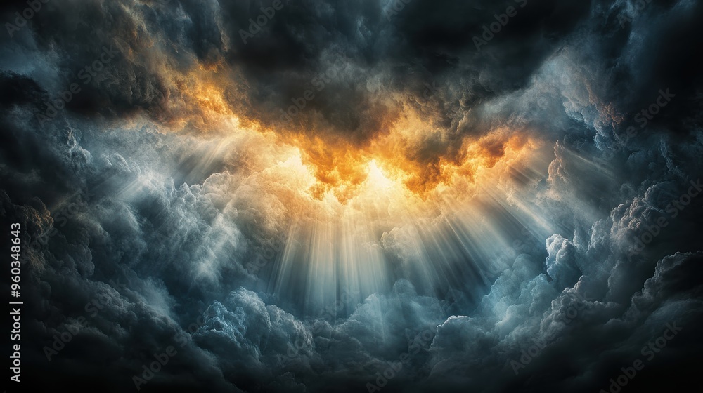 Dark, stormy clouds fill the sky as powerful rays of sunlight break through, creating a dramatic and awe-inspiring scene. Dark, stormy clouds fill the sky as powerful rays of sunlight break through, creating a dramatic and awe-inspiring scene.
