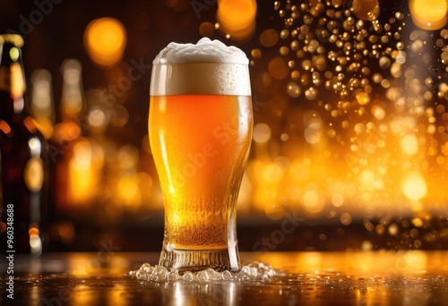 vibrant craft beer poured into frosty glass rich color bubbly foam creating refreshing visual experience, ale, amber, artisan, bar, beverage, brew, brewery