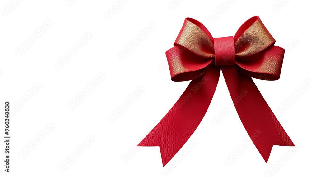 Elegant red bow with gold accents on a white background, perfect for gift wrapping, celebrations, and festive decor. Elegant red bow with gold accents on a white background, perfect for gift wrapping, celebrations, and festive decor.