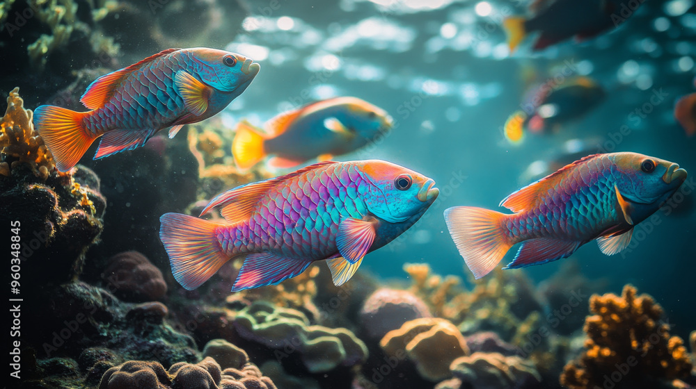 Naklejka premium Vibrant Tropical Fish Swimming in a Coral Reef