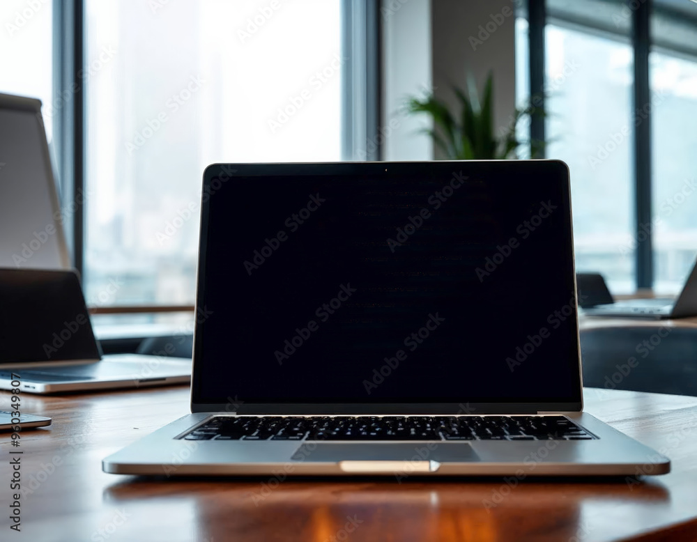 laptop on a wooden table with a window in the office background laptop on a wooden table with a window in the office background