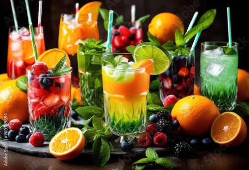 stylish arrangement vibrant beverage ingredients showcasing freshness eye catching display, setup, colors, textures, fruits, herbs, spices, glassware