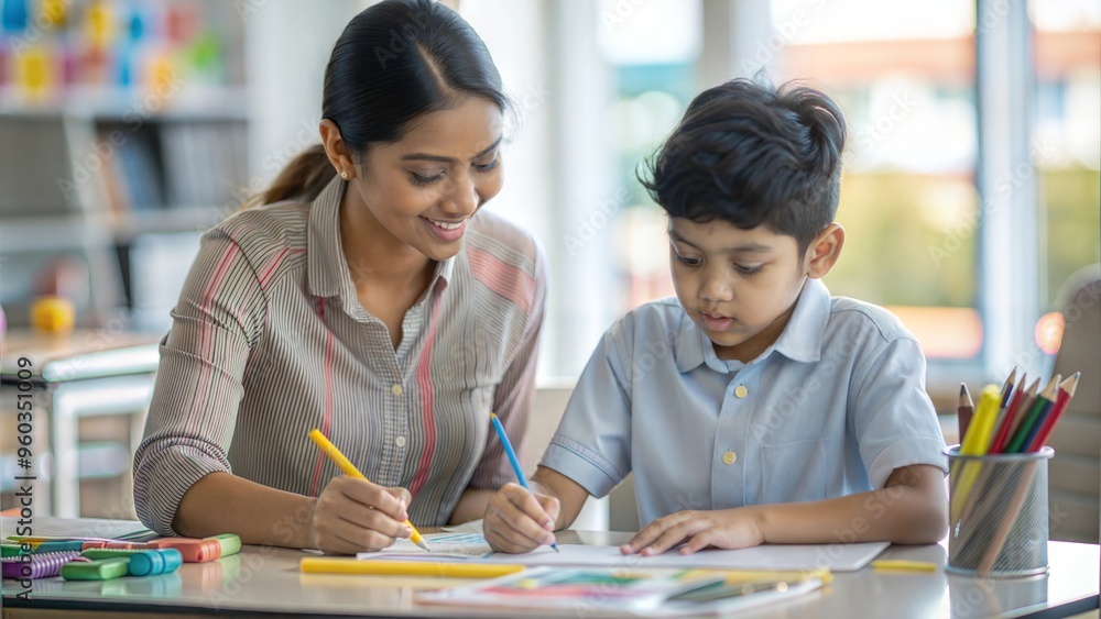 Fototapeta premium Indian student working on art projects with guidance from their teacher, emphasizing creativity and artistic development.