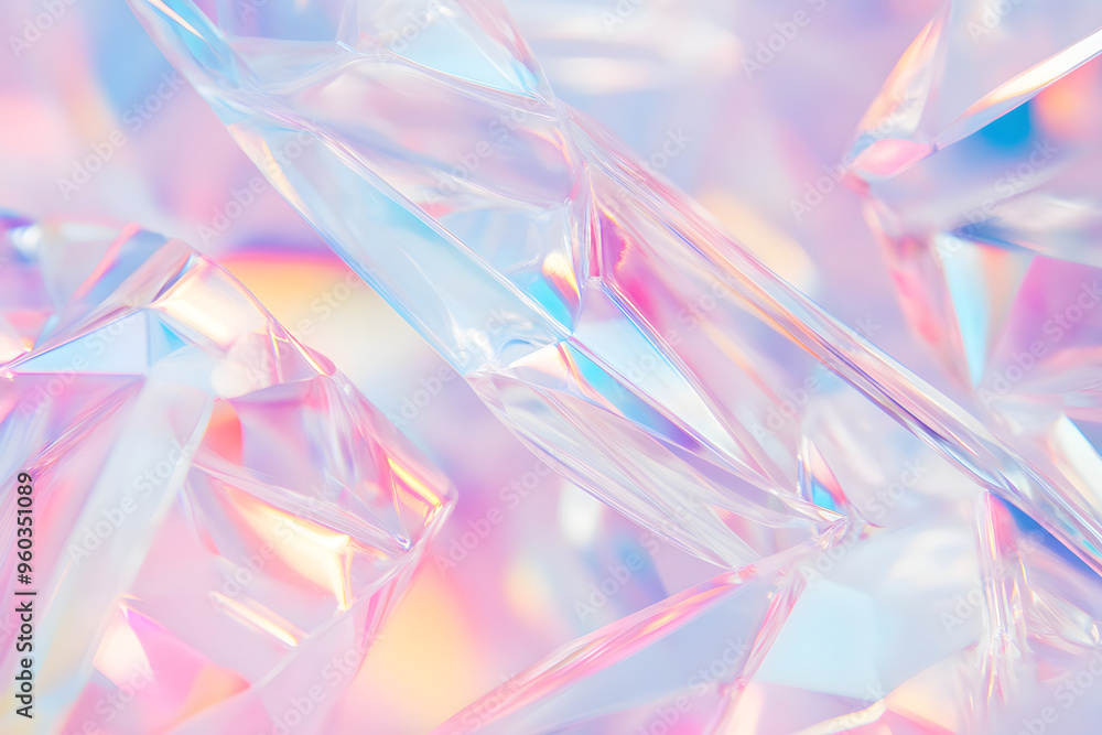 Abstract holographic texture of geometric shapes in Y2K style. Macro 3d render of transparent crystal, plastic, glass. Sharp iridescent smooth surface on pink background. Trendy futuristic pattern des Abstract holographic texture of geometric shapes in Y2K style. Macro 3d render of transparent crystal, plastic, glass. Sharp iridescent smooth surface on pink background. Trendy futuristic pattern des
