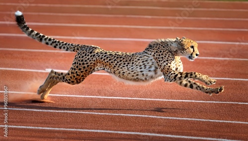 A sleek cheetah sprinting across a track field, with a dynamic, multicolored background that emphasizes speed and motion