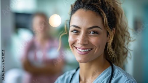 Smiling nurse wearing scrubs and a stethoscope in a hospital setting, exuding confidence and warmth. photo