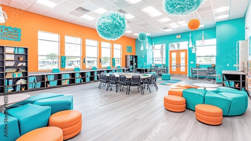 Modern Vibrant Classroom with Interactive Learning Spaces photo