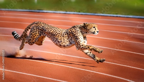 A sleek cheetah sprinting across a track field, with a dynamic, multicolored background that emphasizes speed and motion