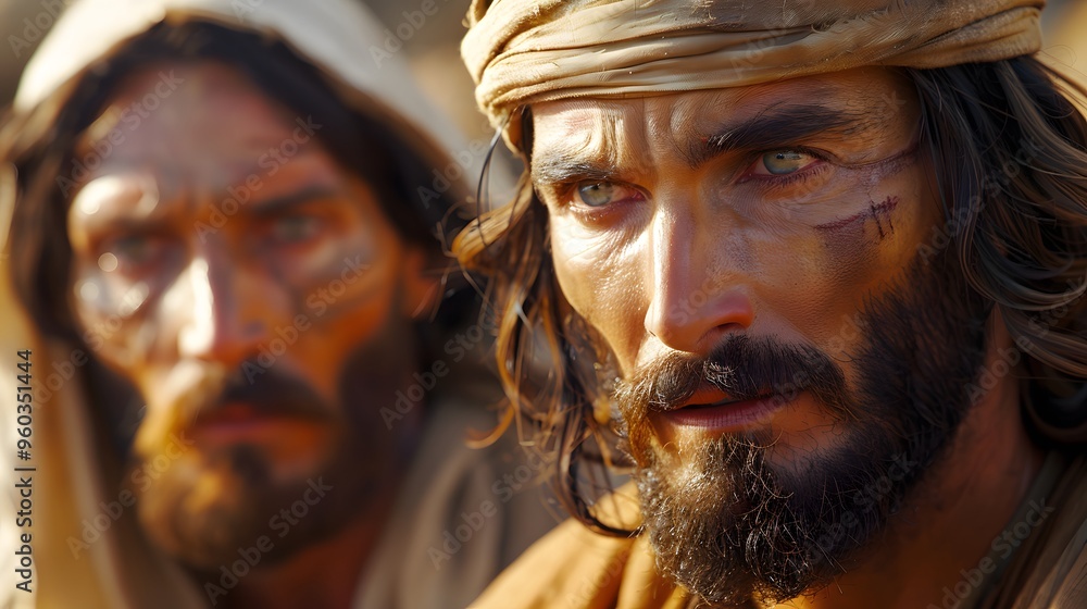 Jesus, a beacon of light in the darkness, stands before the blind man, whose eyes now reflect the newfound brightness, the background filled with a soft, golden glow, Jesus, a beacon of light in the darkness, stands before the blind man, whose eyes now reflect the newfound brightness, the background filled with a soft, golden glow,