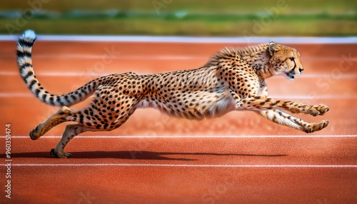 A sleek cheetah sprinting across a track field, with a dynamic, multicolored background that emphasizes speed and motion