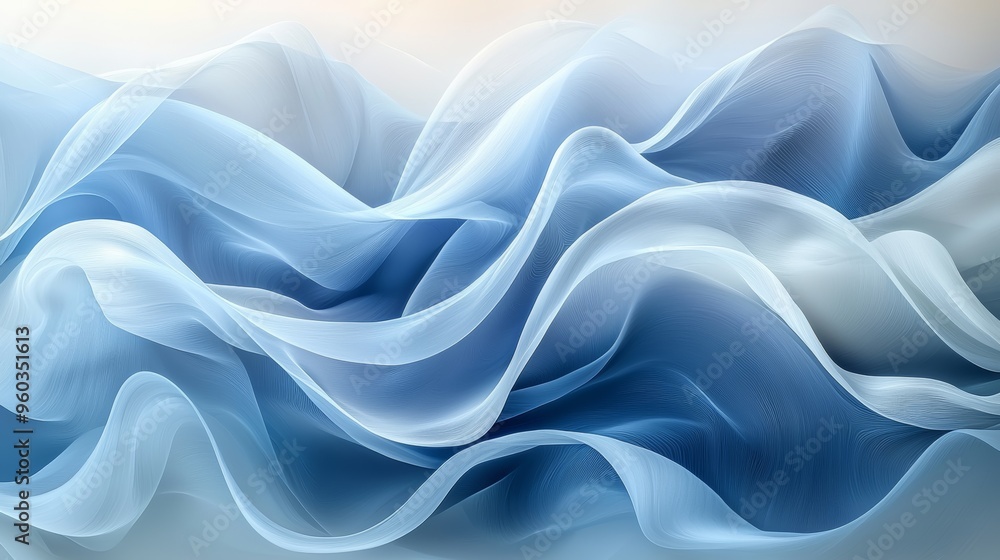 Fototapeta premium Flowing waves of translucent fabric in soft blue tones create a serene and calming visual experience