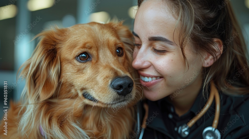 A cheerful dog and a smiling veterinarian share a special moment of happiness and care, emphasizing the loving bond between pets and their healthcare providers. A cheerful dog and a smiling veterinarian share a special moment of happiness and care, emphasizing the loving bond between pets and their healthcare providers.