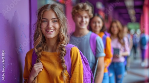 A group of young friends, with backpacks, smiles as they stand in a vibrant purple setting, ready for an adventure. The atmosphere is cheerful and energetic.