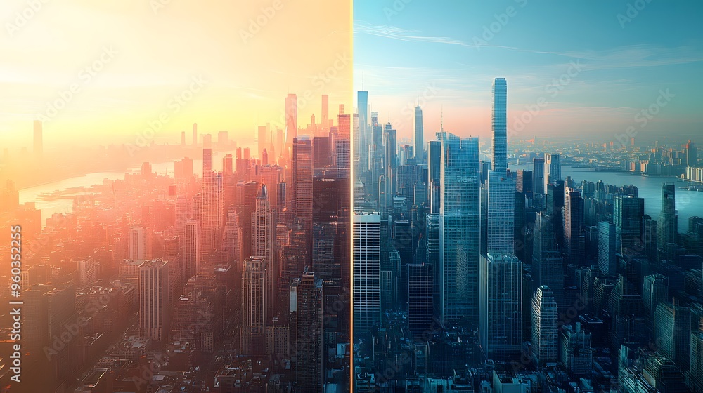 Fototapeta premium Red or Blue Visual of a city divided by economic policy lines, illustrating the impact of different economic approaches, concept of urban economic divergence