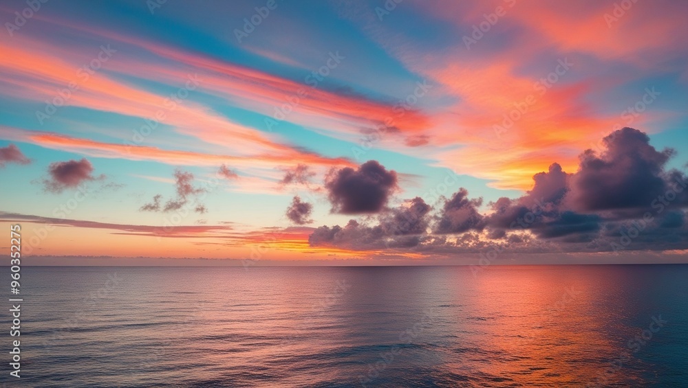 Vibrant and serene sunset over a calm ocean with colorful sky and wispy clouds, creating a breathtaking seascape of tranquility and natural beauty. Vibrant and serene sunset over a calm ocean with colorful sky and wispy clouds, creating a breathtaking seascape of tranquility and natural beauty.