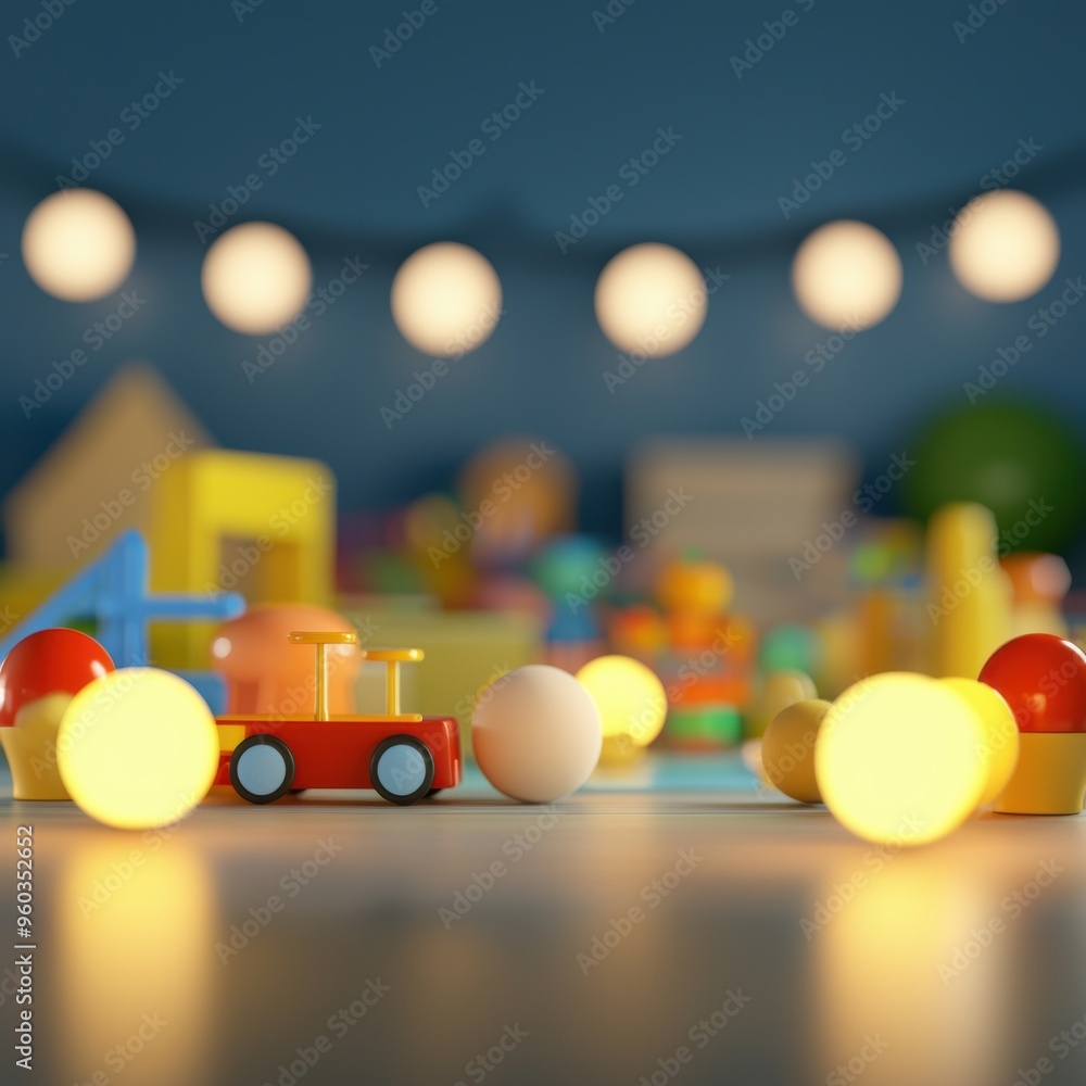 Childlike wonder in a toy-filled room, glowing lights, 3D illustration Childlike wonder in a toy-filled room, glowing lights, 3D illustration