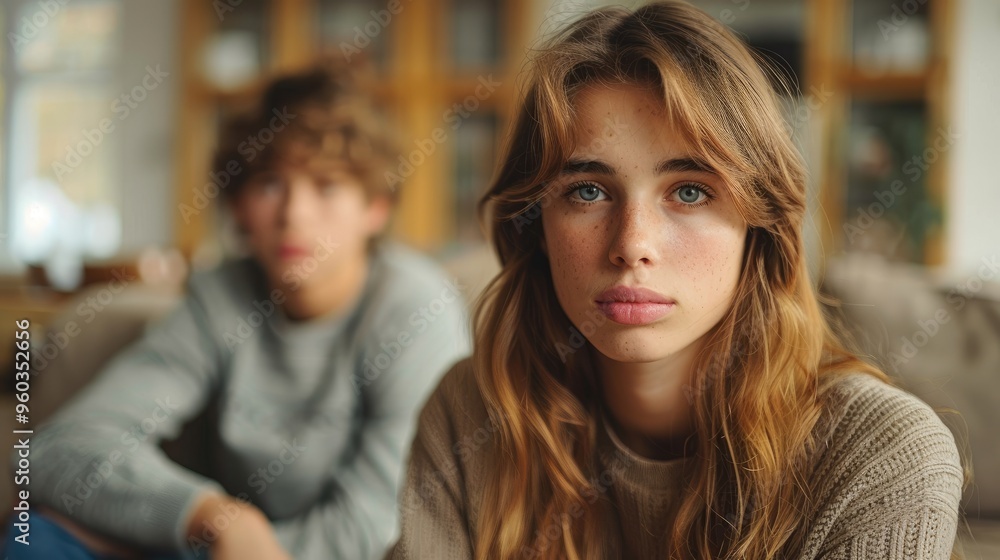A teenage girl with freckles and a pensive expression sits in focus, while another person is blurred in the background, depicting a thoughtful and reflective moment. A teenage girl with freckles and a pensive expression sits in focus, while another person is blurred in the background, depicting a thoughtful and reflective moment.
