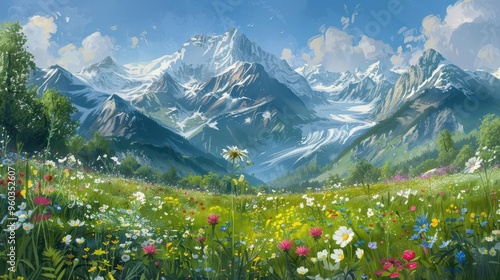 vibrant alpine meadow in full bloom diverse wildflowers in foreground majestic snowcapped mountains in background crisp spring morning light photo