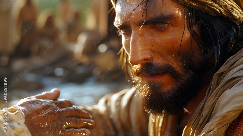 Jesus silently places His hands on the blind man’s eyes, surrounded by the calm beauty of nature, with a gentle river flowing nearby, the soft light of dawn illuminating the scene, Jesus silently places His hands on the blind man’s eyes, surrounded by the calm beauty of nature, with a gentle river flowing nearby, the soft light of dawn illuminating the scene,