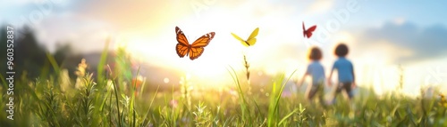 Happy kids chasing butterflies in a sunny meadow, vibrant colors, 3D illustration