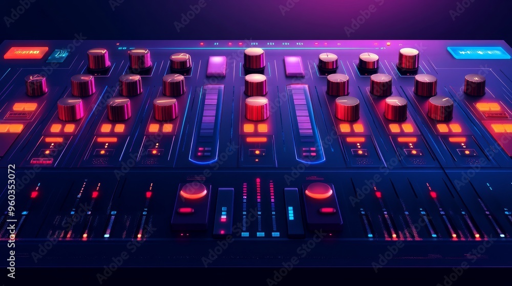 Sound and audio adjusting control panel with buttons, sliders and display. Digital music record mixer equipment for dj and musician media production Sound and audio adjusting control panel with buttons, sliders and display. Digital music record mixer equipment for dj and musician media production