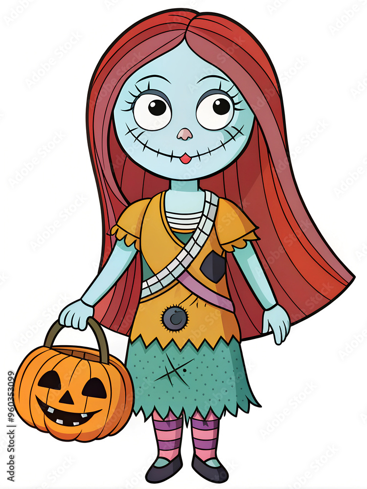 Halloween cartoon girl with patchwork dress and pumpkin, fun, kid-friendly holiday designs. Vibrant colors and cute style, Halloween decorations, themed apparel Halloween cartoon girl with patchwork dress and pumpkin, fun, kid-friendly holiday designs. Vibrant colors and cute style, Halloween decorations, themed apparel