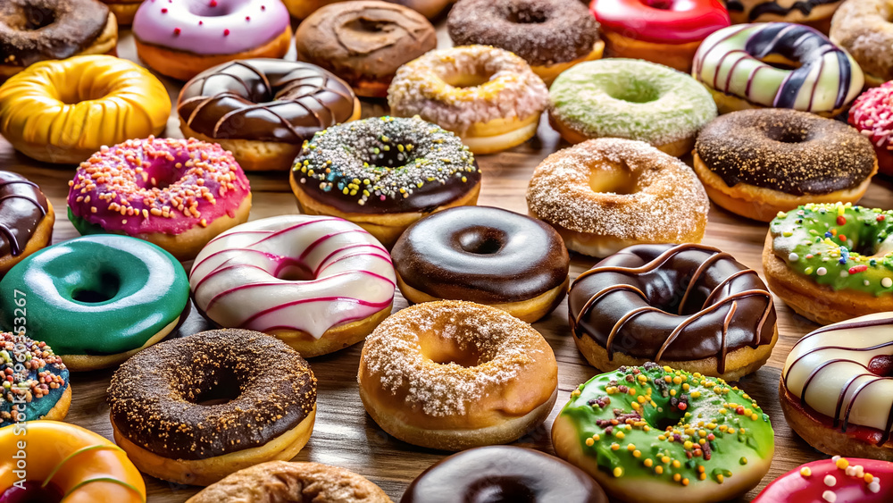 Set of delicious colorful glazed donuts, selective focus Set of delicious colorful glazed donuts, selective focus