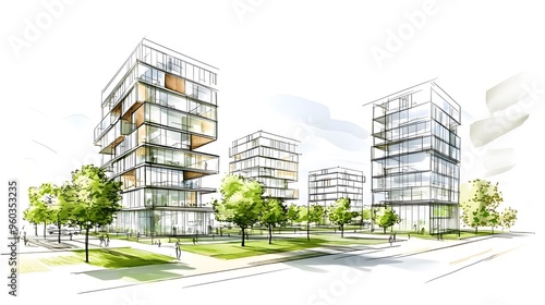 Architectural sketch of an urban park with green walls and roof gardens, surrounded by modern apartment buildings in the background
