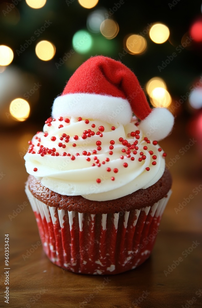 Christmas cupcake with Santa hat and red sprinkles, holiday close-up Christmas cupcake with Santa hat and red sprinkles, holiday close-up