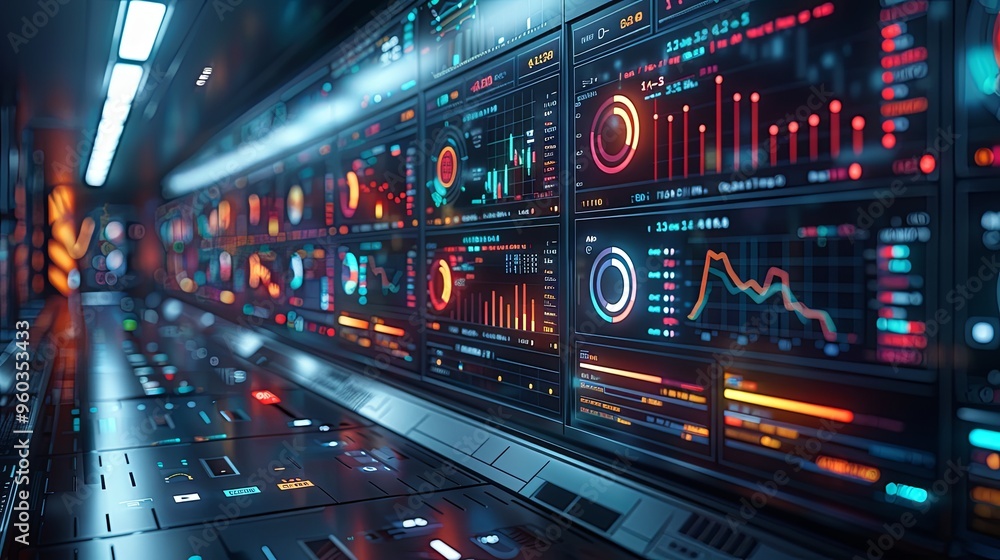 Digital analytics data visualization, financial schedule, monitor screen in perspective Digital analytics data visualization, financial schedule, monitor screen in perspective